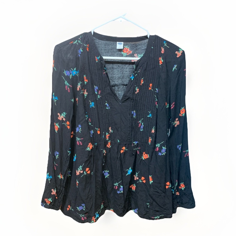Old Navy Top Sz M Black Floral Tie-Neck Pin Tuck Blouse Top